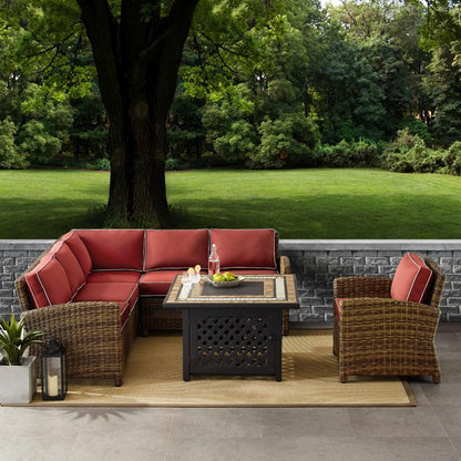 Crosley Furniture - Bradenton 5 Piece Outdoor Wicker Sectional Set With Fire Table Weathered Brown/Sangria - Right Corner Loveseat, Left Corner Loveseat, Corner Chair, Arm Chair, Fire Table - KO70159- veiw 6