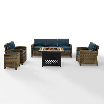 Crosley Furniture - Bradenton 5 Piece Outdoor Wicker Conversation Set With Fire Table Weathered Brown/Navy - Sofa, 2 Arm Chairs, Side Table, Fire Table - KO70163-NV veiw 1