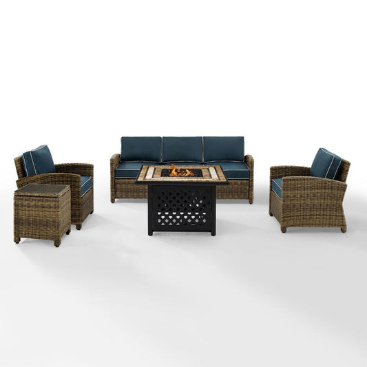 Crosley Furniture - Bradenton 5 Piece Outdoor Wicker Conversation Set With Fire Table Weathered Brown/Navy - Sofa, 2 Arm Chairs, Side Table, Fire Table - KO70163-NV veiw 1