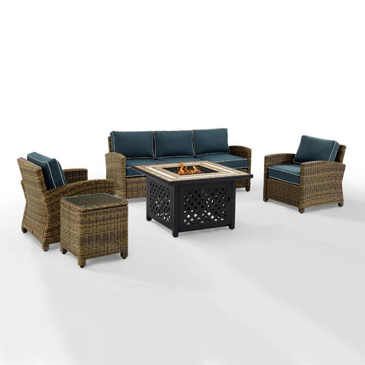 Crosley Furniture - Bradenton 5 Piece Outdoor Wicker Conversation Set With Fire Table Weathered Brown/Navy - Sofa, 2 Arm Chairs, Side Table, Fire Table - KO70163-NV veiw 2