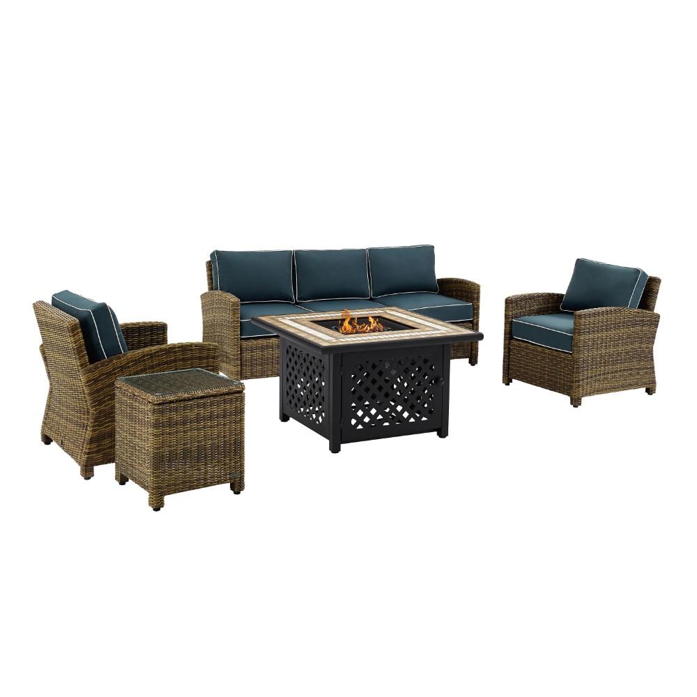 Crosley Furniture - Bradenton 5 Piece Outdoor Wicker Conversation Set With Fire Table Weathered Brown/Navy - Sofa, 2 Arm Chairs, Side Table, Fire Table - KO70163-NV veiw 3