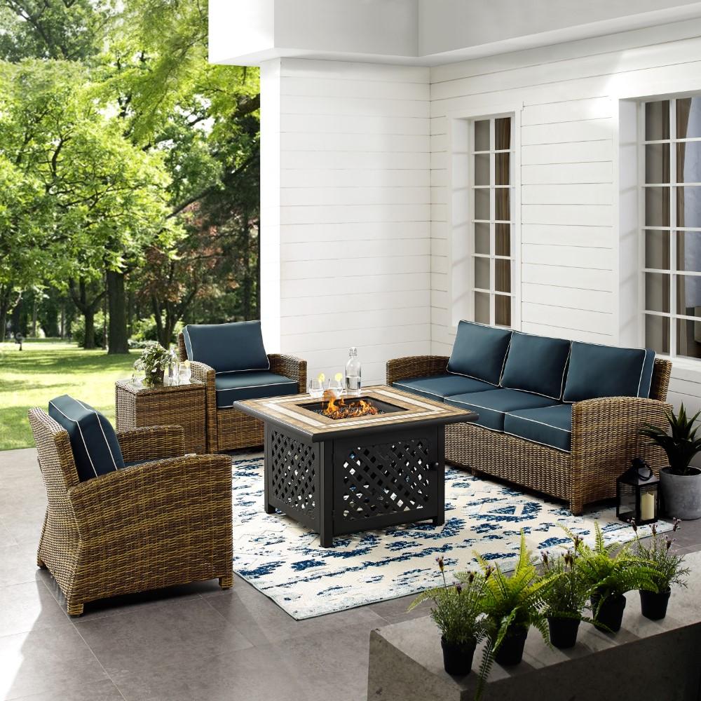 Crosley Furniture - Bradenton 5 Piece Outdoor Wicker Conversation Set With Fire Table Weathered Brown/Navy - Sofa, 2 Arm Chairs, Side Table, Fire Table - KO70163-NV veiw 4