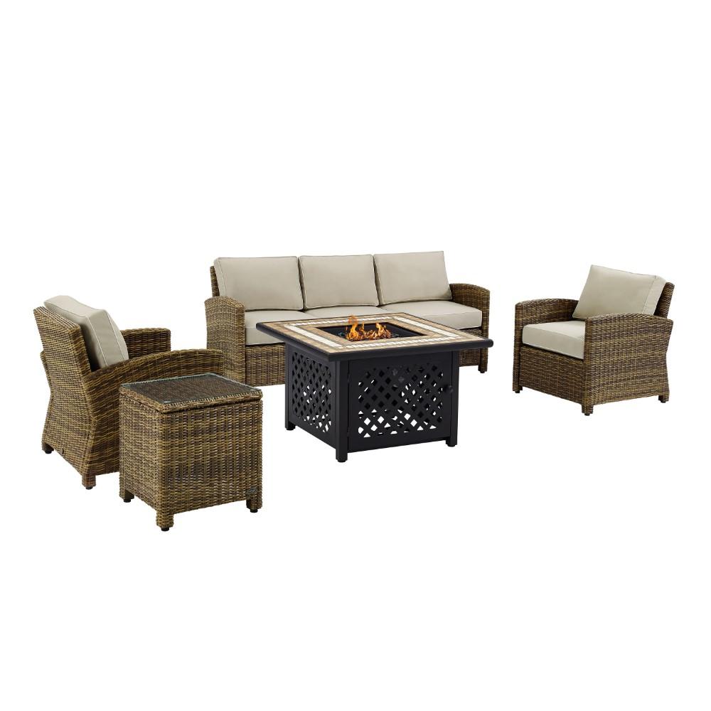 Crosley Furniture - Bradenton 5 Piece Outdoor Wicker Conversation Set With Fire Table Weathered Brown/Sand - Sofa, 2 Arm Chairs, Side Table, Fire Table - KO70163-SA veiw 3