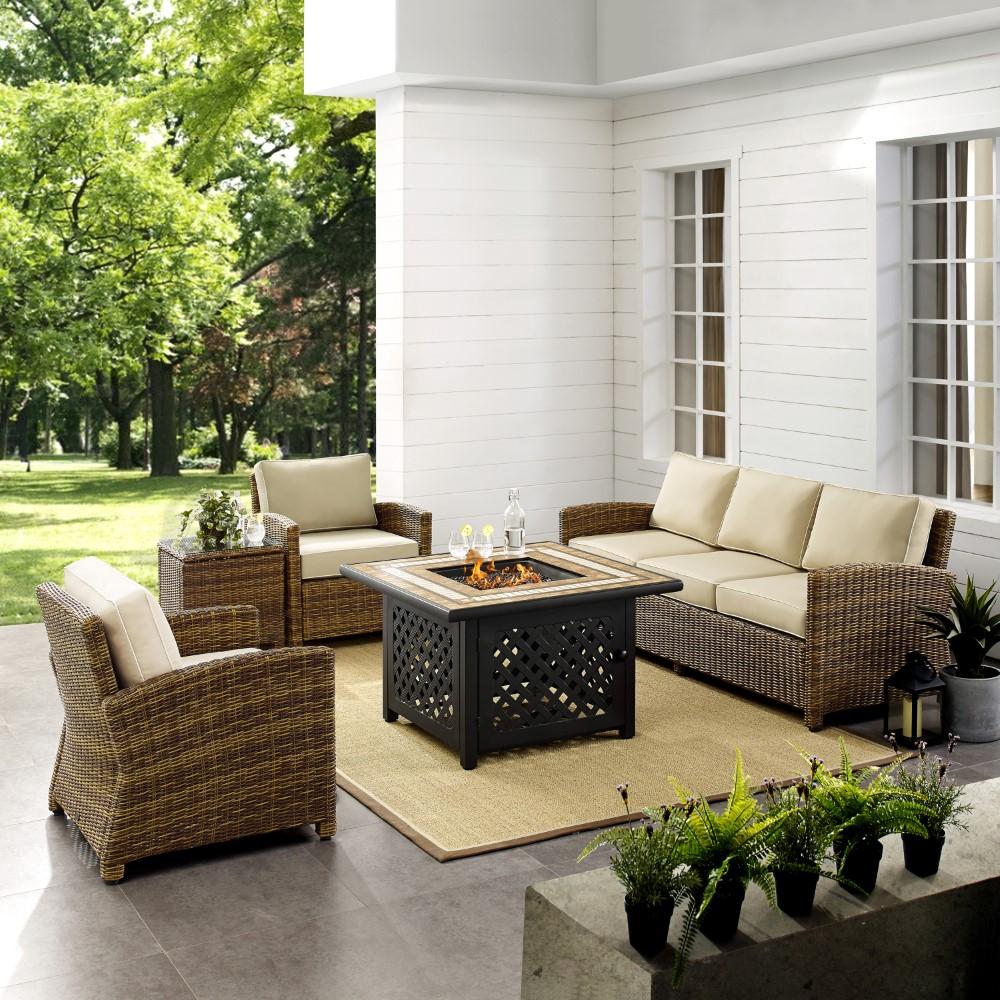 Crosley Furniture - Bradenton 5 Piece Outdoor Wicker Conversation Set With Fire Table Weathered Brown/Sand - Sofa, 2 Arm Chairs, Side Table, Fire Table - KO70163-SA veiw 4
