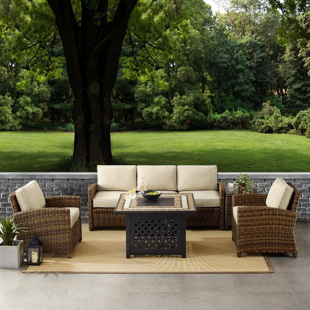 Crosley Furniture - Bradenton 5 Piece Outdoor Wicker Conversation Set With Fire Table Weathered Brown/Sand - Sofa, 2 Arm Chairs, Side Table, Fire Table - KO70163-SA veiw 5