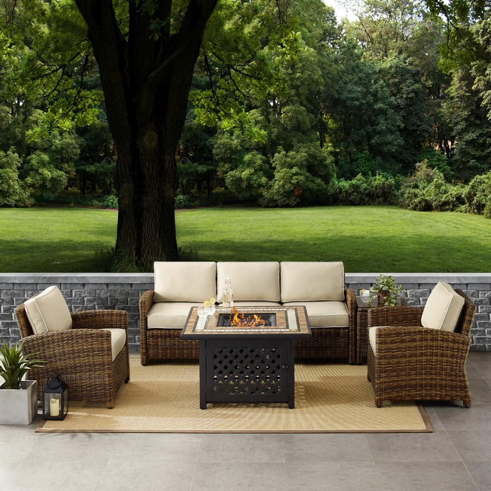 Crosley Furniture - Bradenton 5 Piece Outdoor Wicker Conversation Set With Fire Table Weathered Brown/Sand - Sofa, 2 Arm Chairs, Side Table, Fire Table - KO70163-SA veiw 6