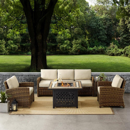Crosley Furniture - Bradenton 5 Piece Outdoor Wicker Conversation Set With Fire Table Weathered Brown/Sand - Sofa, 2 Arm Chairs, Side Table, Fire Table - KO70163-SA veiw 6
