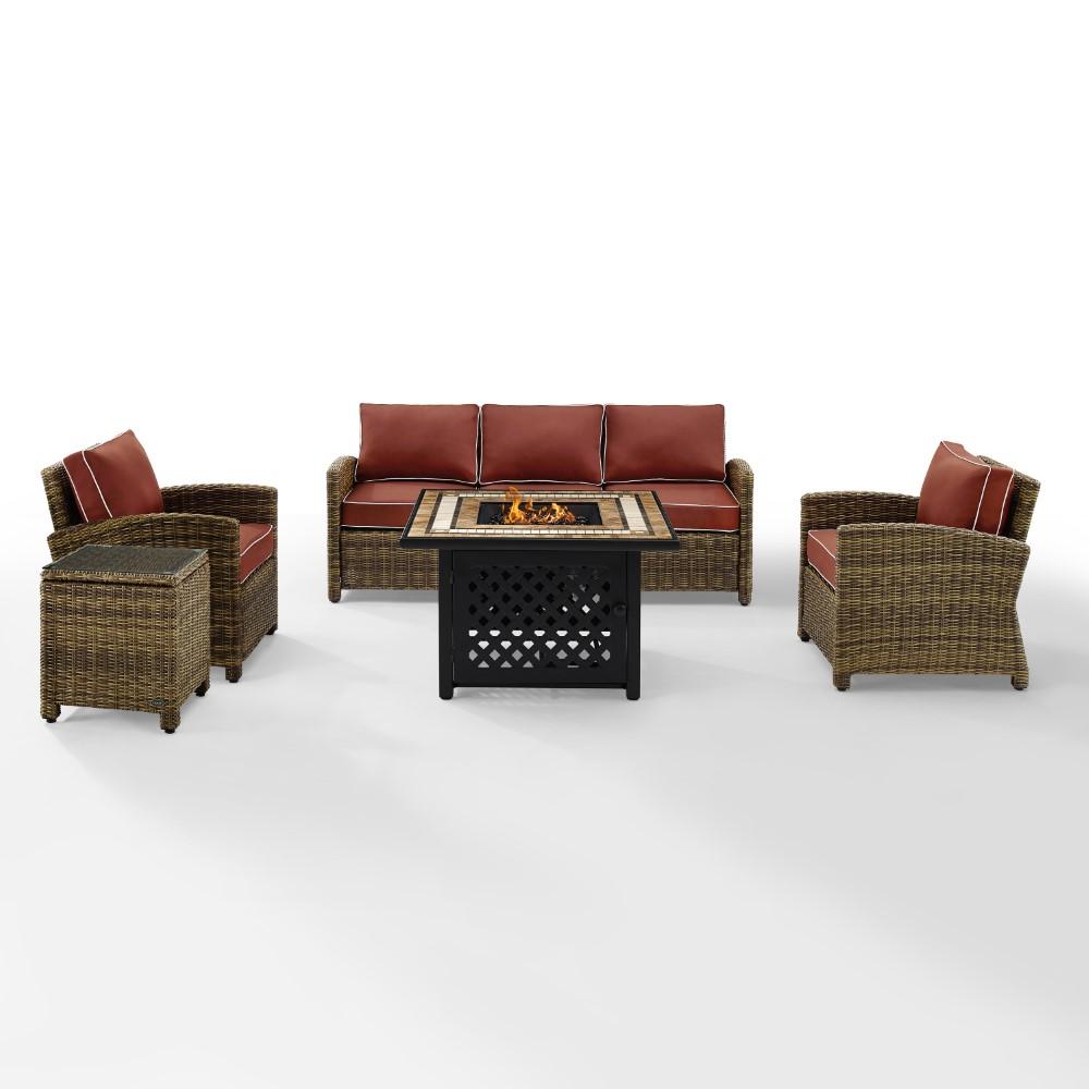 Crosley Furniture - Bradenton 5 Piece Outdoor Wicker Conversation Set With Fire Table Weathered Brown/Sangria - Sofa, 2 Arm Chairs, Side Table, Fire Table - KO70163-SG veiw 1