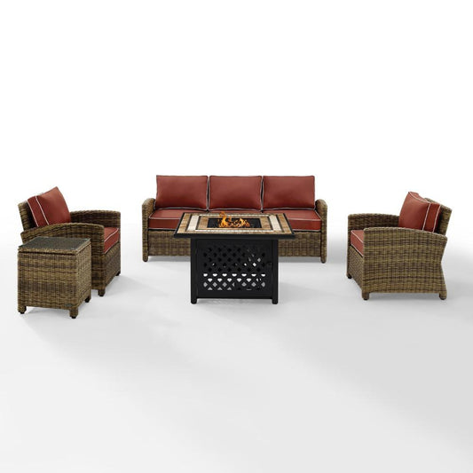 Crosley Furniture - Bradenton 5 Piece Outdoor Wicker Conversation Set With Fire Table Weathered Brown/Sangria - Sofa, 2 Arm Chairs, Side Table, Fire Table - KO70163-SG veiw 1