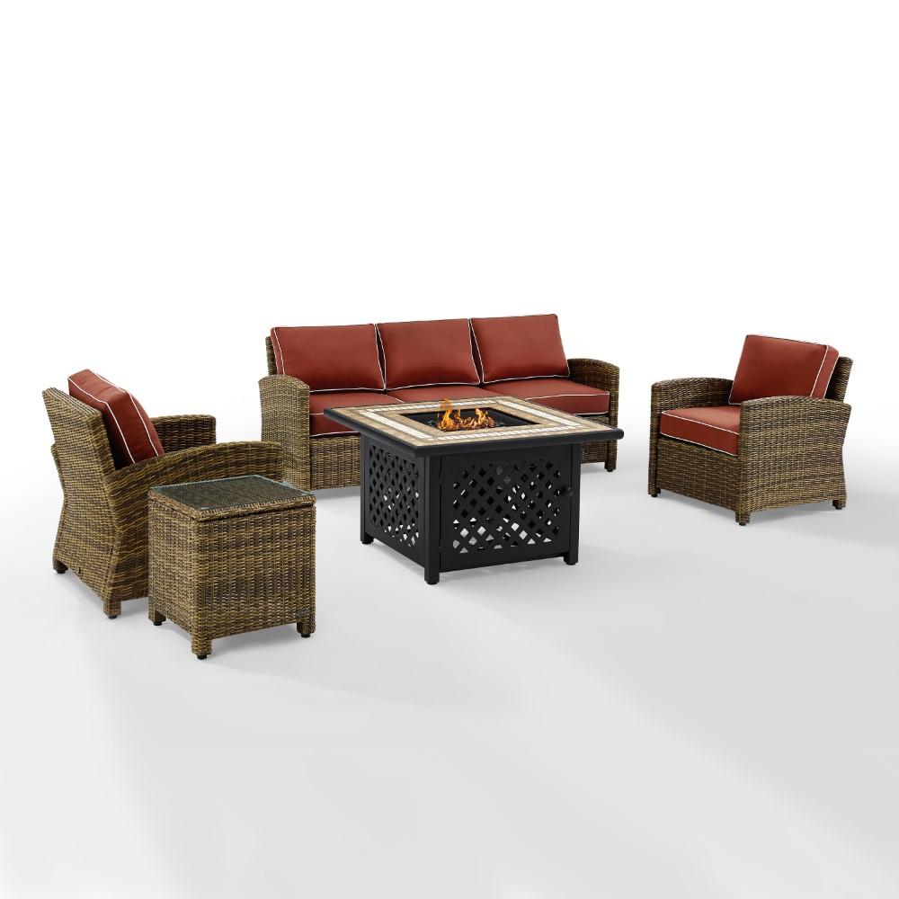 Crosley Furniture - Bradenton 5 Piece Outdoor Wicker Conversation Set With Fire Table Weathered Brown/Sangria - Sofa, 2 Arm Chairs, Side Table, Fire Table - KO70163-SG veiw 2