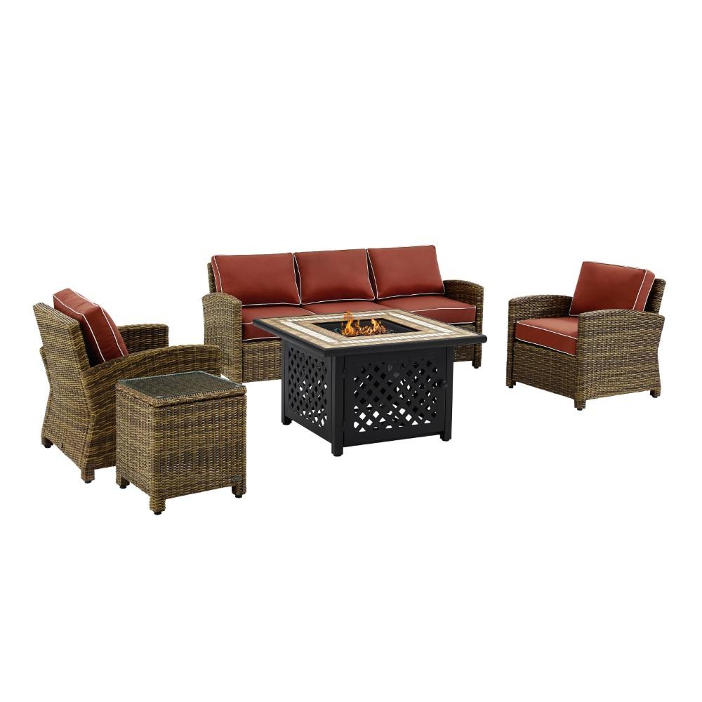 Crosley Furniture - Bradenton 5 Piece Outdoor Wicker Conversation Set With Fire Table Weathered Brown/Sangria - Sofa, 2 Arm Chairs, Side Table, Fire Table - KO70163-SG veiw 3