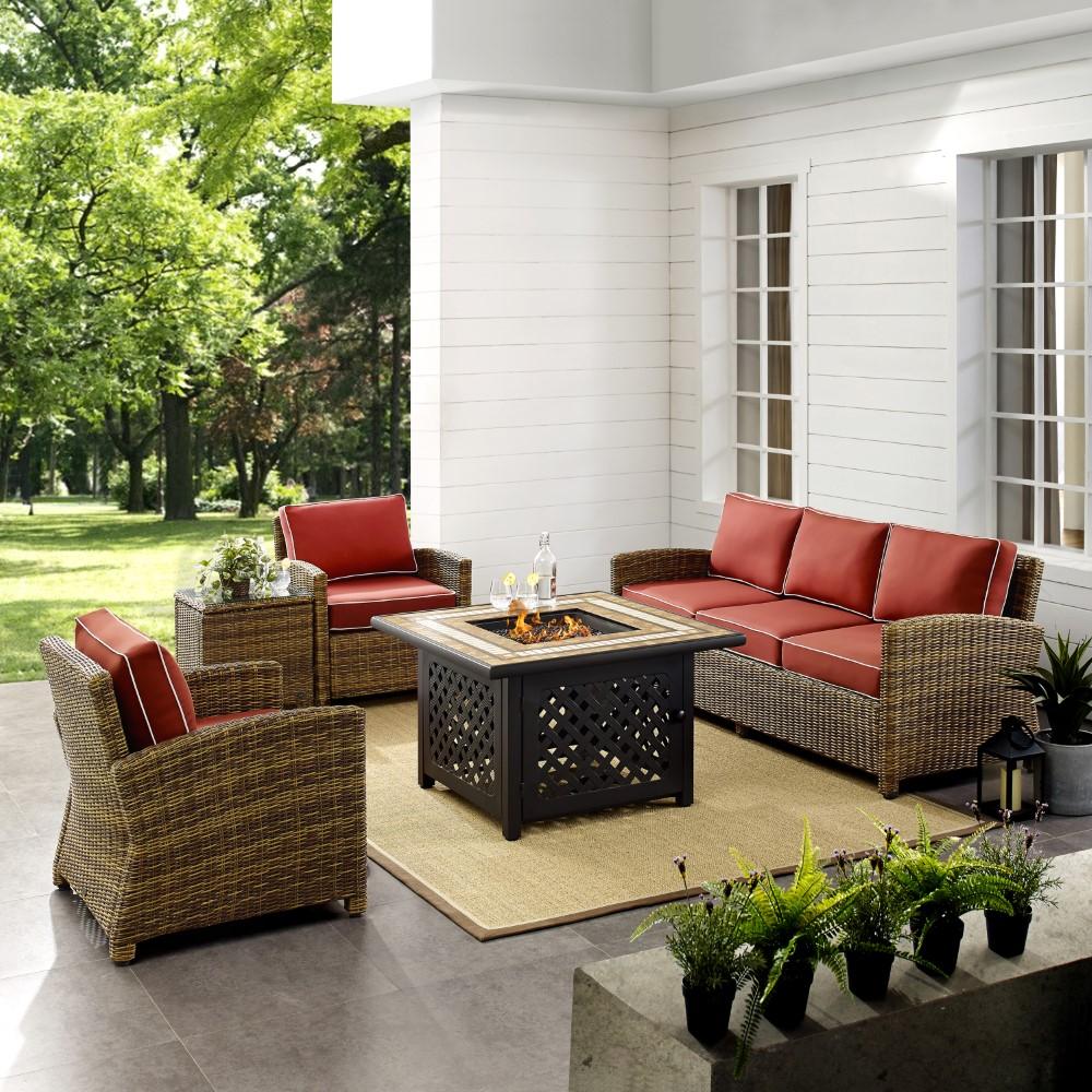 Crosley Furniture - Bradenton 5 Piece Outdoor Wicker Conversation Set With Fire Table Weathered Brown/Sangria - Sofa, 2 Arm Chairs, Side Table, Fire Table - KO70163-SG veiw 6