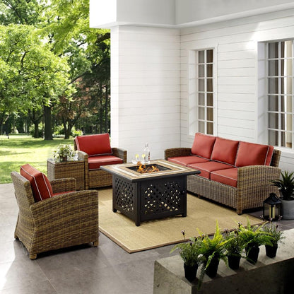 Crosley Furniture - Bradenton 5 Piece Outdoor Wicker Conversation Set With Fire Table Weathered Brown/Sangria - Sofa, 2 Arm Chairs, Side Table, Fire Table - KO70163-SG veiw 6