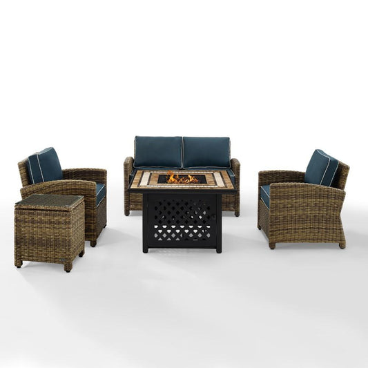 Crosley Furniture - Bradenton 5 Piece Outdoor Wicker Conversation Set With Fire Table Weathered Brown/Navy - Loveseat, 2 Arm Chairs, Side Table, Fire Table - KO70162-NV veiw 1