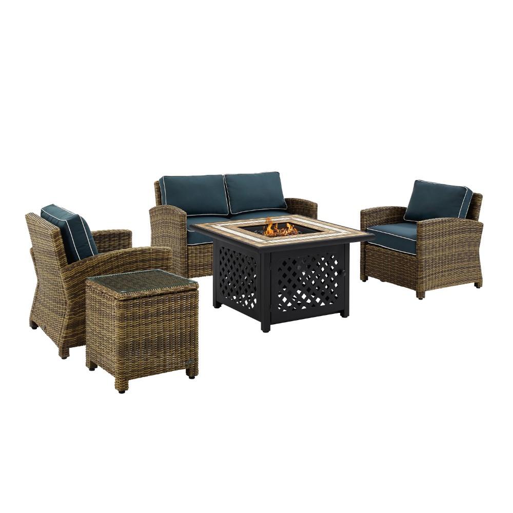 Crosley Furniture - Bradenton 5 Piece Outdoor Wicker Conversation Set With Fire Table Weathered Brown/Navy - Loveseat, 2 Arm Chairs, Side Table, Fire Table - KO70162-NV veiw 3
