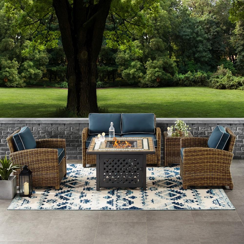 Crosley Furniture - Bradenton 5 Piece Outdoor Wicker Conversation Set With Fire Table Weathered Brown/Navy - Loveseat, 2 Arm Chairs, Side Table, Fire Table - KO70162-NV veiw 4