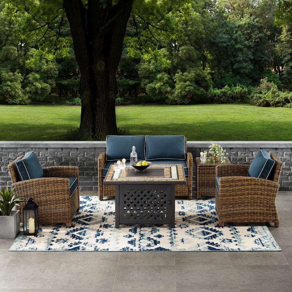 Crosley Furniture - Bradenton 5 Piece Outdoor Wicker Conversation Set With Fire Table Weathered Brown/Navy - Loveseat, 2 Arm Chairs, Side Table, Fire Table - KO70162-NV veiw 5