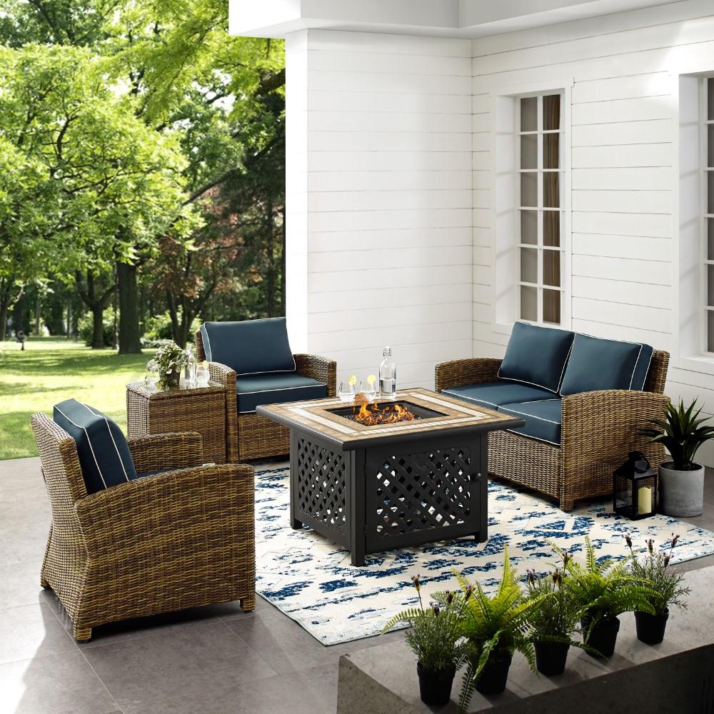 Crosley Furniture - Bradenton 5 Piece Outdoor Wicker Conversation Set With Fire Table Weathered Brown/Navy - Loveseat, 2 Arm Chairs, Side Table, Fire Table - KO70162-NV veiw 6