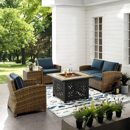 Crosley Furniture - Bradenton 5 Piece Outdoor Wicker Conversation Set With Fire Table Weathered Brown/Navy - Loveseat, 2 Arm Chairs, Side Table, Fire Table - KO70162-NV veiw 6