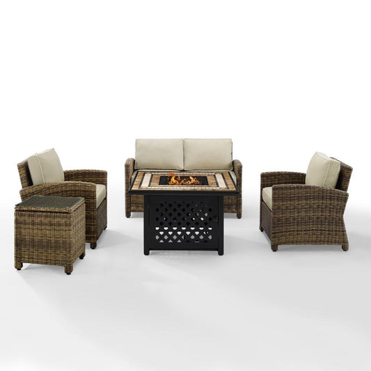 Crosley Furniture - Bradenton 5 Piece Outdoor Wicker Conversation Set With Fire Table Weathered Brown/Sand - Loveseat, 2 Arm Chairs, Side Table, Fire Table - KO70162-SA veiw 1