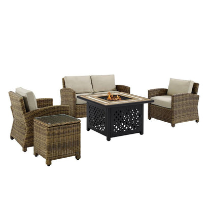 Crosley Furniture - Bradenton 5 Piece Outdoor Wicker Conversation Set With Fire Table Weathered Brown/Sand - Loveseat, 2 Arm Chairs, Side Table, Fire Table - KO70162-SA veiw 3