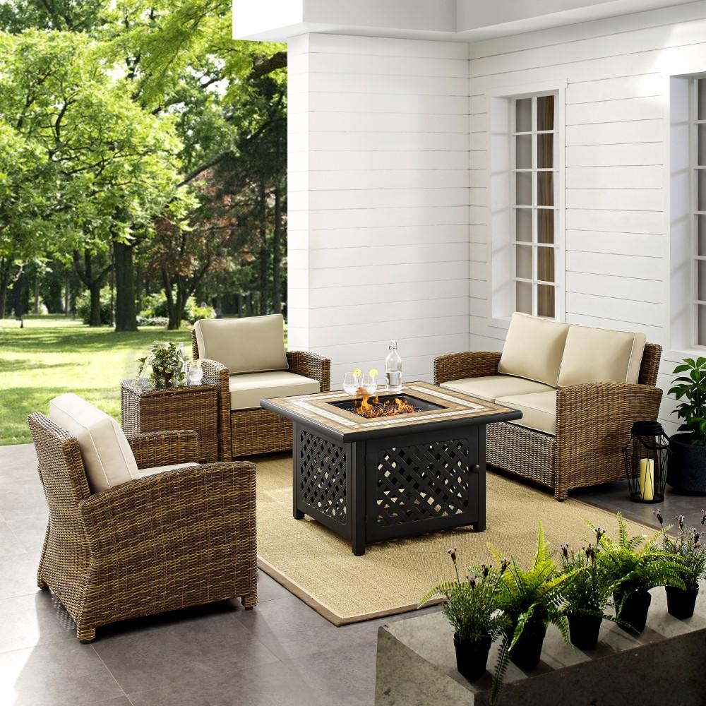 Crosley Furniture - Bradenton 5 Piece Outdoor Wicker Conversation Set With Fire Table Weathered Brown/Sand - Loveseat, 2 Arm Chairs, Side Table, Fire Table - KO70162-SA veiw 4