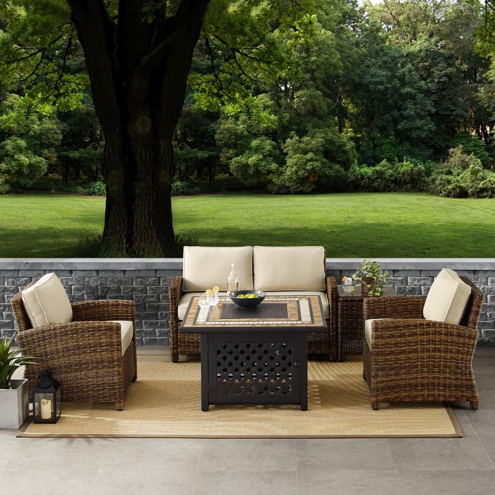Crosley Furniture - Bradenton 5 Piece Outdoor Wicker Conversation Set With Fire Table Weathered Brown/Sand - Loveseat, 2 Arm Chairs, Side Table, Fire Table - KO70162-SA veiw 5
