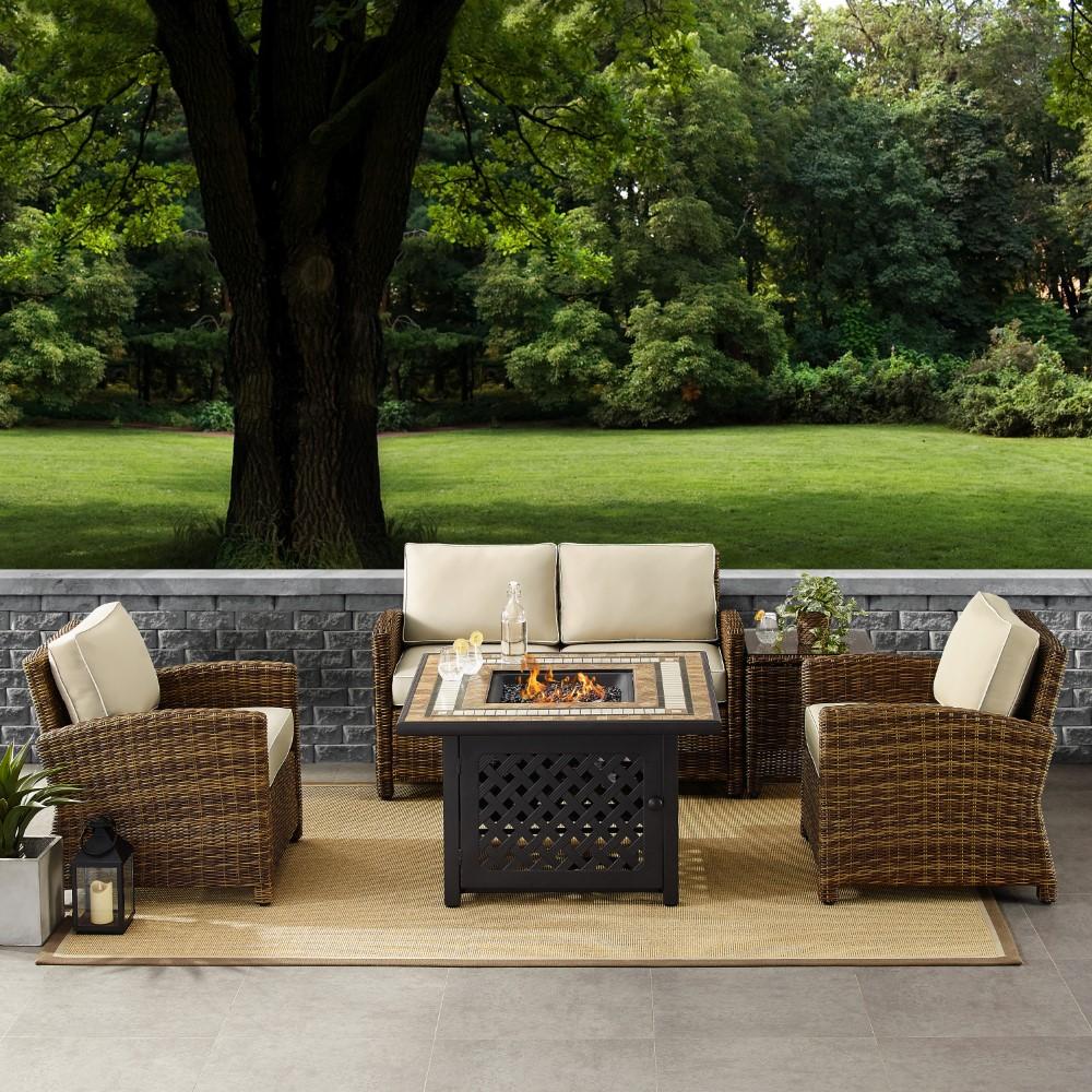 Crosley Furniture - Bradenton 5 Piece Outdoor Wicker Conversation Set With Fire Table Weathered Brown/Sand - Loveseat, 2 Arm Chairs, Side Table, Fire Table - KO70162-SA veiw 6