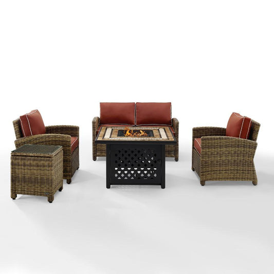 Crosley Furniture - Bradenton 5 Piece Outdoor Wicker Conversation Set With Fire Table Weathered Brown/Sangria - Loveseat, 2 Arm Chairs, Side Table, Fire Table - KO70162-SG veiw 1