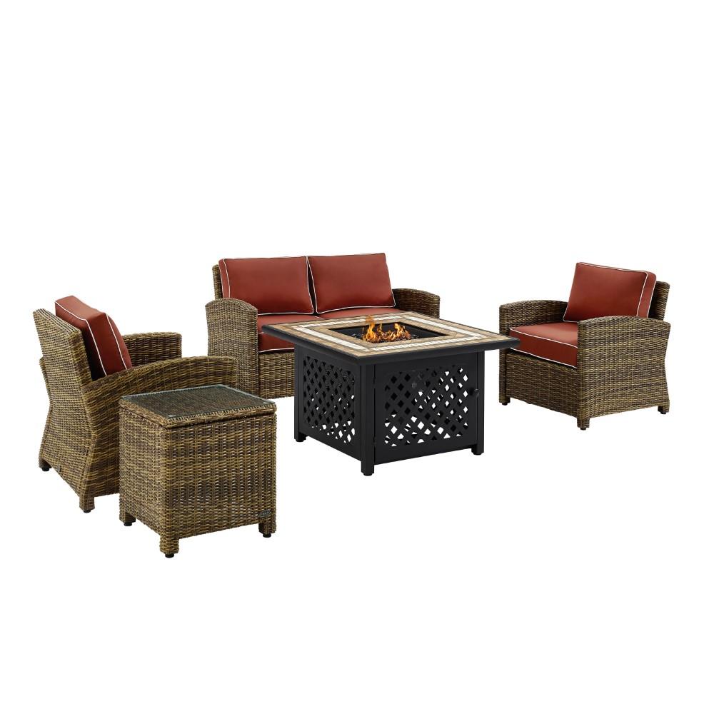 Crosley Furniture - Bradenton 5 Piece Outdoor Wicker Conversation Set With Fire Table Weathered Brown/Sangria - Loveseat, 2 Arm Chairs, Side Table, Fire Table - KO70162-SG veiw 3