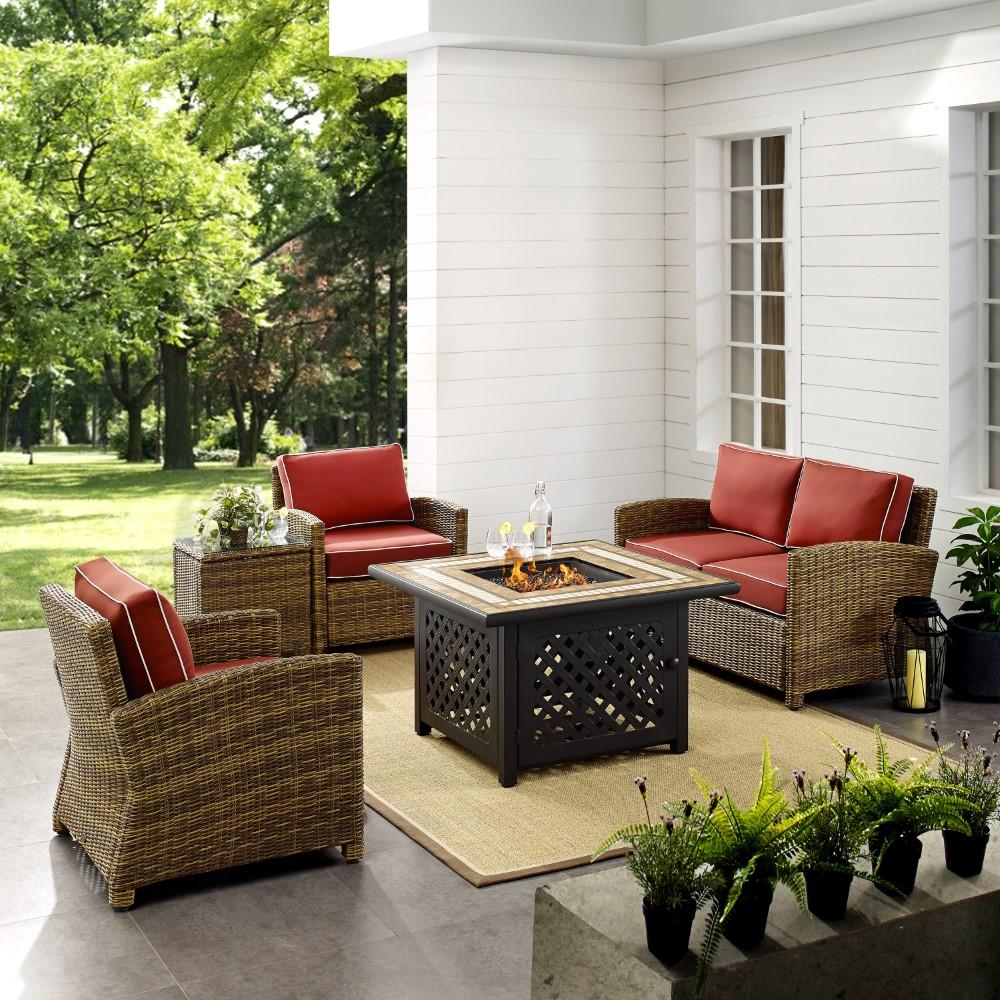 Crosley Furniture - Bradenton 5 Piece Outdoor Wicker Conversation Set With Fire Table Weathered Brown/Sangria - Loveseat, 2 Arm Chairs, Side Table, Fire Table - KO70162-SG veiw 4