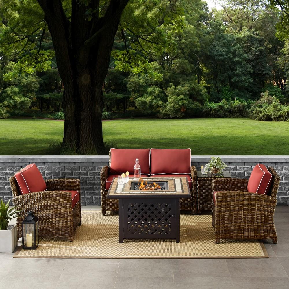 Crosley Furniture - Bradenton 5 Piece Outdoor Wicker Conversation Set With Fire Table Weathered Brown/Sangria - Loveseat, 2 Arm Chairs, Side Table, Fire Table - KO70162-SG veiw 5