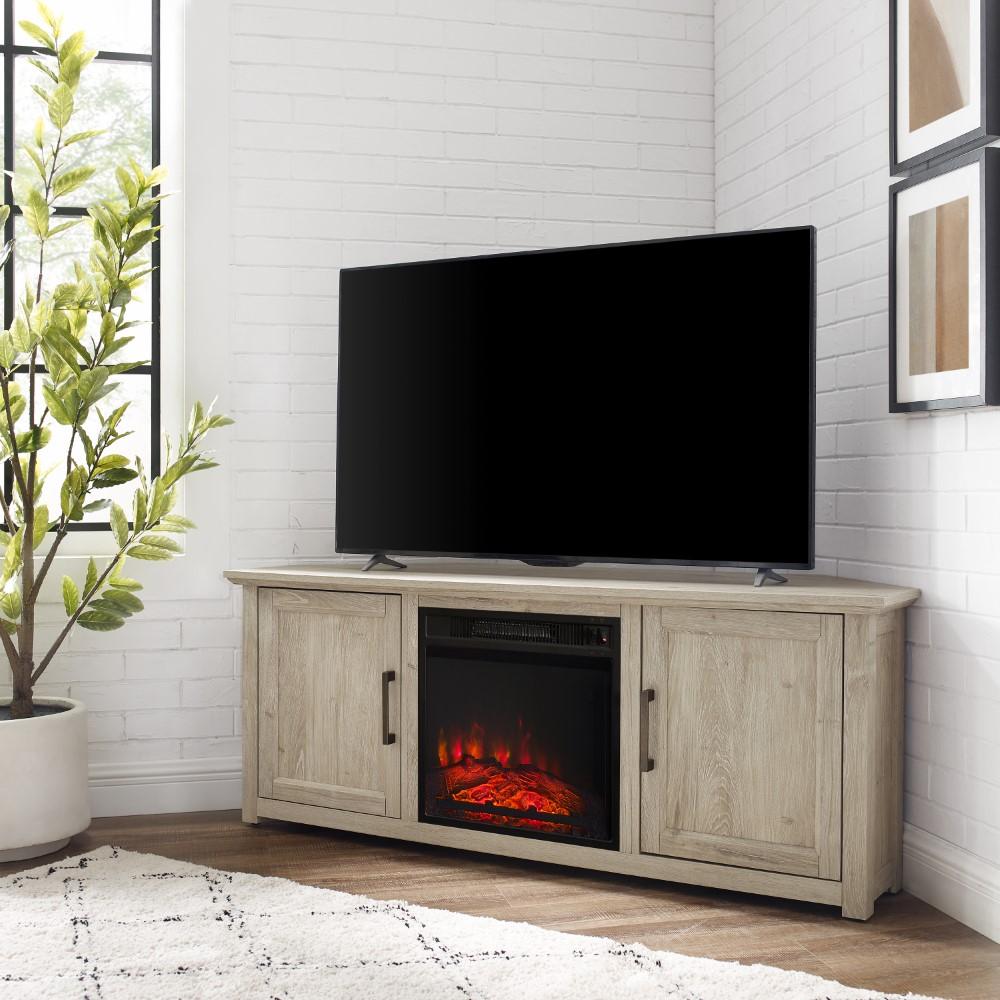 Crosley Furniture - Camden 58in Corner TV Stand With Fireplace Frosted Oak - KF100658FO veiw 8