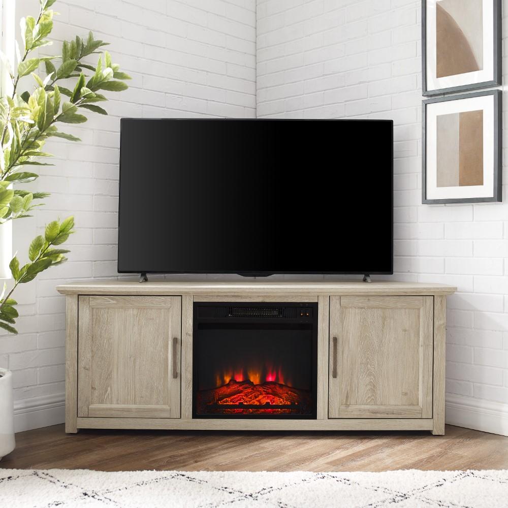 Crosley Furniture - Camden 58in Corner TV Stand With Fireplace Frosted Oak - KF100658FO veiw 9