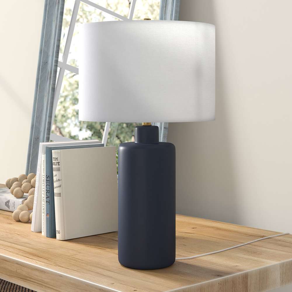 Hudson & Canal - Carlina 25in Tall Ceramic Table Lamp with Fabric Shade in Matte Navy/White - TL0771 veiw 2