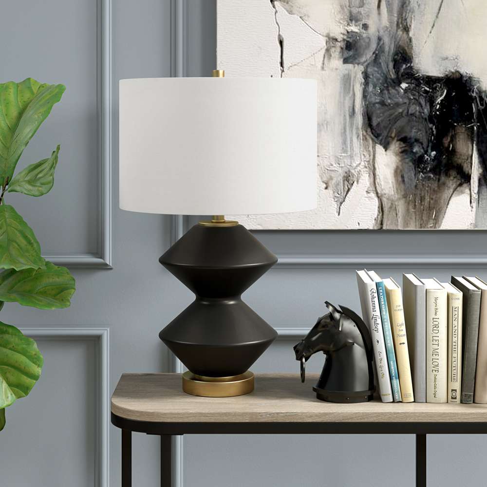 Hudson & Canal - Caserta 22.75in Tall Double Gourd Lamp with Fabric Shade in Matte Black/Brass/White - TL1807 veiw 2
