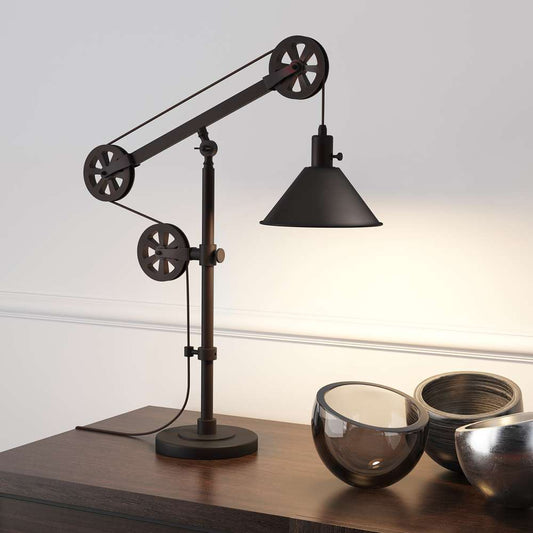 Hudson & Canal - Descartes 29in Tall Pulley System Table Lamp with Metal Shade in Blackened Bronze/Blackened Bronze - TL0103 veiw 2