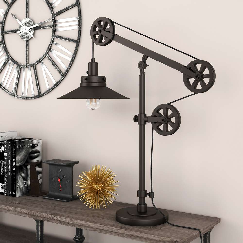 Hudson & Canal - Descartes 29in Tall Wide Brim/Pulley System Table Lamp with Metal Shade in Blackened Bronze/Blackened Bronze - TL0156 veiw 2