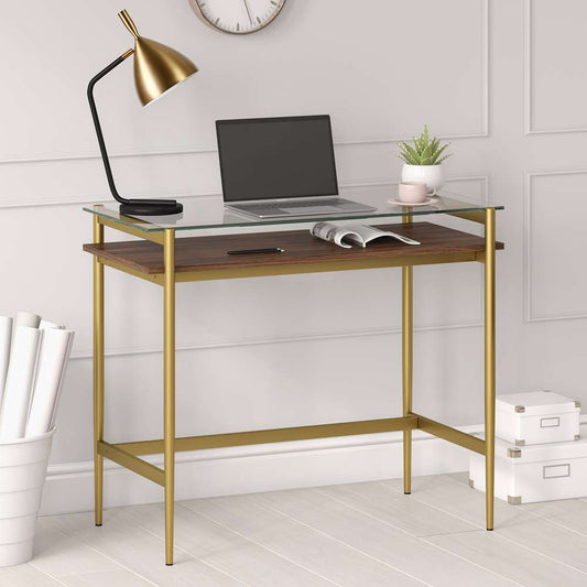 Hudson & Canal - Eaton 36in Wide Rectangular Desk in Brass/Walnut - OF0644 veiw 2