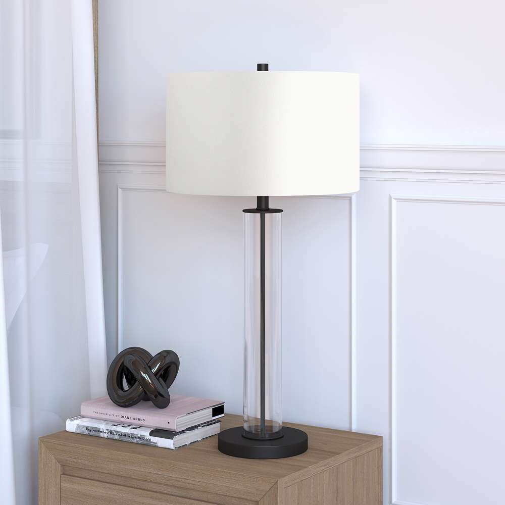 Hudson & Canal - Harlow 29in Tall Table Lamp with Fabric Shade in Clear Glass/Blackened Bronze/White - TL0182 veiw 2