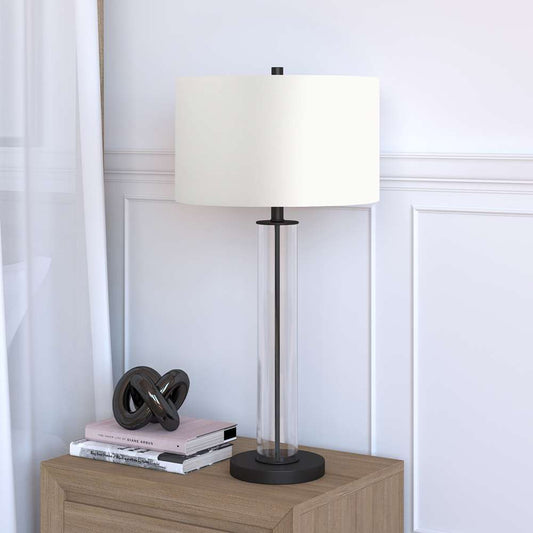 Hudson & Canal - Harlow 29in Tall Table Lamp with Fabric Shade in Clear Glass/Blackened Bronze/White - TL0182 veiw 2