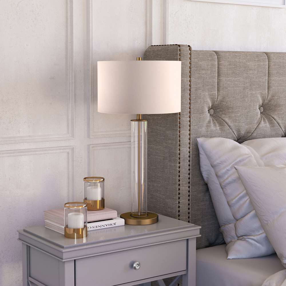 Hudson & Canal - Harlow 29in Tall Table Lamp with Fabric Shade in Clear Glass/Brass/White - TL0184 veiw 2