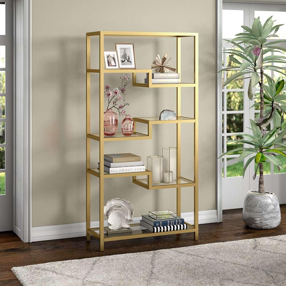 Hudson & Canal - Johann 68in Tall Rectangular Bookcase in Brass - BK0452 veiw 2