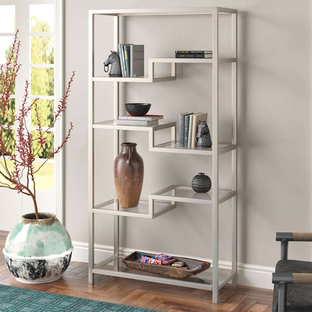 Hudson & Canal - Johann 68in Tall Rectangular Bookcase in Satin Nickel - BK0778 veiw 2