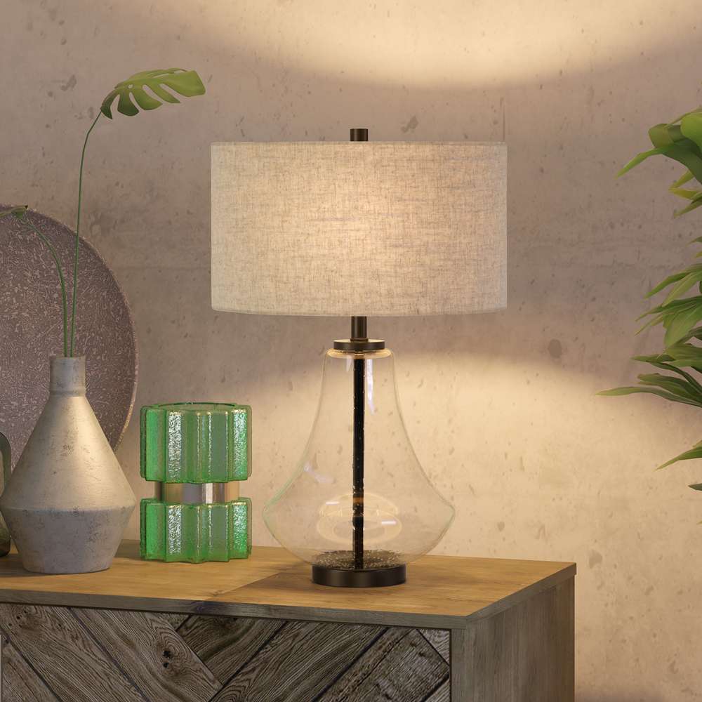 Hudson & Canal - Lagos 23in Tall Table Lamp with Fabric Shade in Seeded Glass/Blackened Bronze/Flax - TL0008 veiw 2