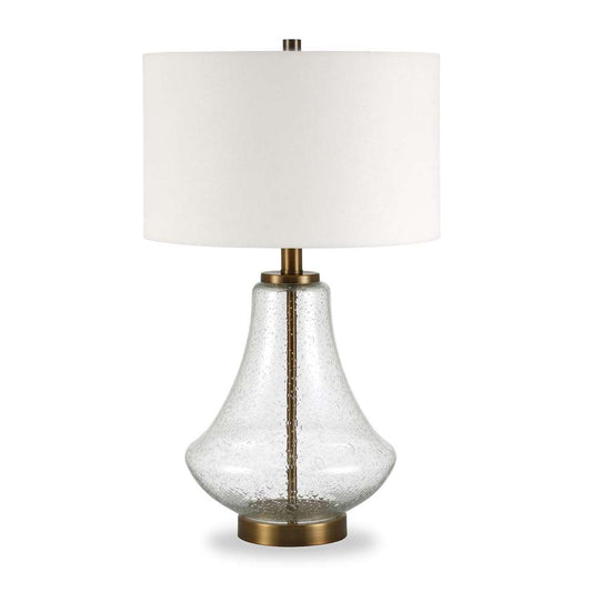 Hudson & Canal - Lagos 23in Tall Table Lamp with Fabric Shade in Seeded Glass/Brushed Brass/White - TL0155 veiw 1