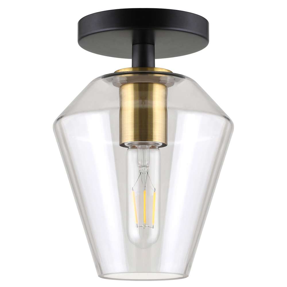 Hudson & Canal - Remy 7in Wide Semi Flush Mount with Glass Shade in Matte Black/Brass/Clear - SF1654 veiw 1