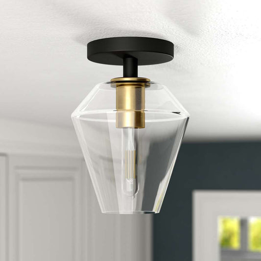 Hudson & Canal - Remy 7in Wide Semi Flush Mount with Glass Shade in Matte Black/Brass/Clear - SF1654 veiw 2