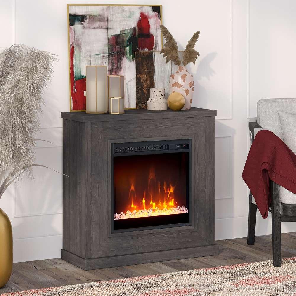 Hudson & Canal - Santos 30in Wide Mantel Fireplace with Crystal Fireplace Insert in Charcoal Gray - MF1738 veiw 2