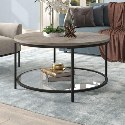 Hudson & Canal - Sevilla 32 Wide Round Coffee Table with MDF Top and Glass Shelf in Blackened Bronze/Antiqued Gray Oak - CT1953 veiw 2